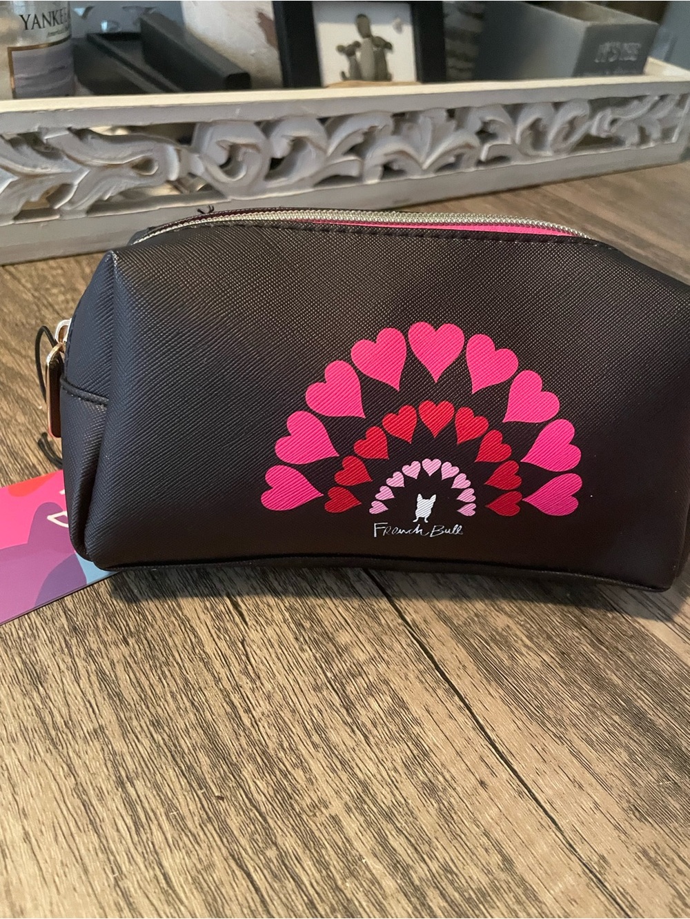 French Bull Black Cosmetic Bag with Pink Heart Fan